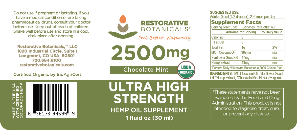 Ultra High Strength 2500mg Broad Spectrum Hemp Extract - Chocolate Mint Flavor