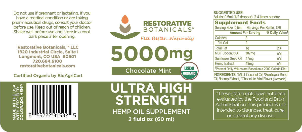 Ultra High Strength 5000 mg Broad Spectrum Hemp Extract - Chocolate Mint Flavor