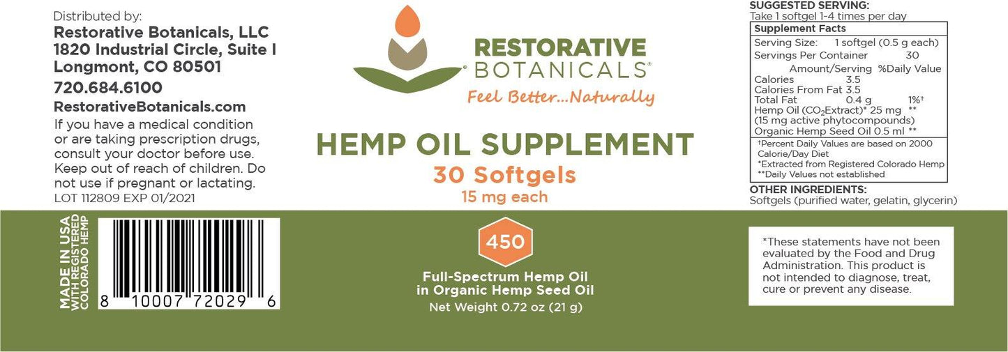 Hemp Oil Supplement Softgels - 15mg/gel - Restorative Botanicals