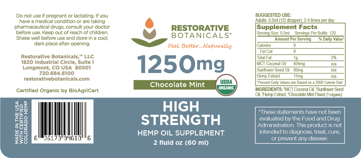 High Strength 1250mg Broad Spectrum Hemp Extract - Chocolate Mint Flavor